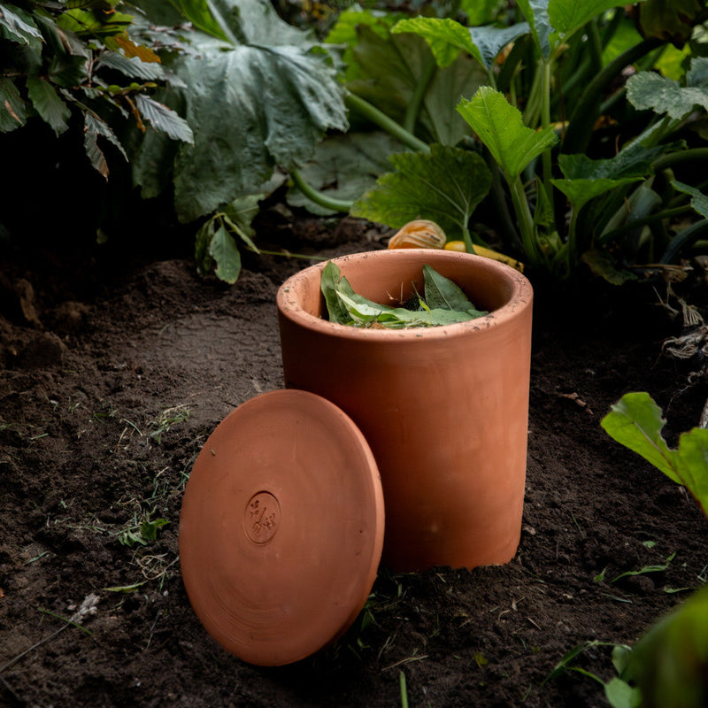 Terracotta wormencomposter in moestuin